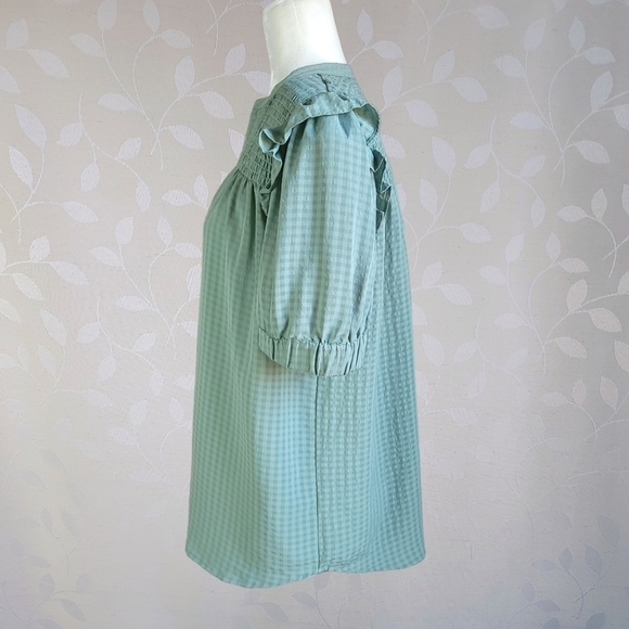 Ann Taylor Gingham Pattern Shirred Ruffle Puff Sleeve Prairie Top Sage Green M - Picture 6 of 12